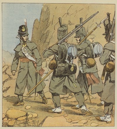 English Soldiers of the 1st Regiment of Foot Guards, in Marching Order, Spain, 1814 by after Louis Charles Bombled