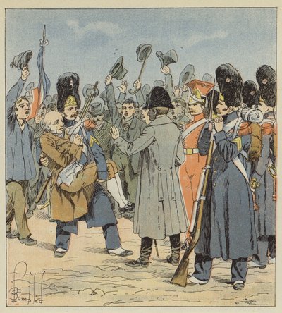 A grenadier from the island of Elba brings Napoleon his nonagenarian father, carrying him in his arms by after Louis Charles Bombled
