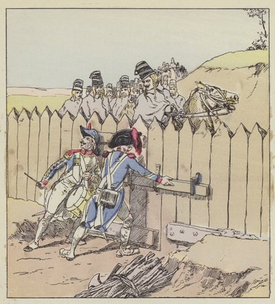 A sergeant of the Saint-Georges garrison recognizes the Austrian hussars by their new coats by after Louis Charles Bombled