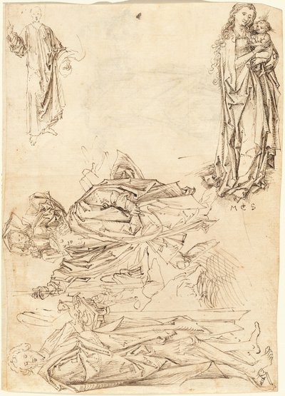 Saint Christopher, Saint John the Baptist, the Virgin and Child, and Christ Blessing by after Martin Schongauer Master of the Drapery Studies