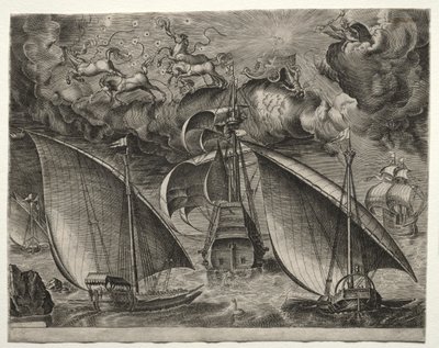 Sailing Vessels: Two Galleys Sailing Behind an Armed Three-Master with Phaeton and Jupiter in the Sky by after Pieter Bruegel