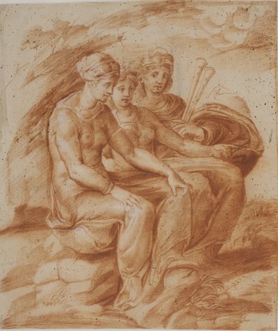 Three Women, One with a Double Flute, Sitting in a Landscape by after Pirro Ligorio