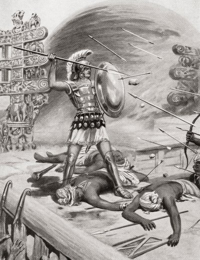 Alexander the Great fighting the Assacani at the fortified city of Massaga, India during his Indian Campaign in 326BC, from Hutchinson