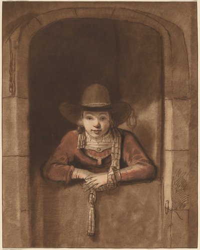 Boy Leaning over a Lower Door by after Samuel van Hoogstraten Cornelis Ploos