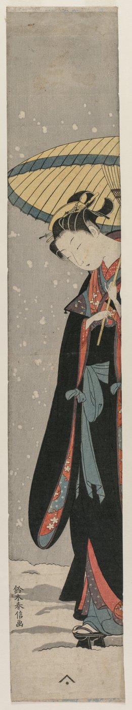 Young Woman Walking in Snow with Umbrella by after Suzuki Harunobu