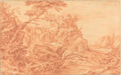 A Rocky Landscape with a Stone Tower and a Waterfall by attributed to Adriaen Frans Boudewyns