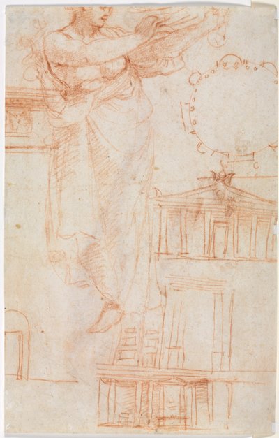 A Draped Female Figure (possibly an Amazon) and Architectural Studies (verso) by attributed to Correggio