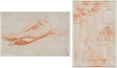Study of a Fallen Soldier (possibly the Conversion of Saul) (recto); A Draped Female Figure (possibly an Amazon) and Architectural Studies (verso) by attributed to Correggio
