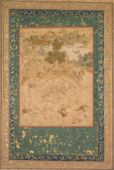 Akbar Supervising the Capture of Wild Elephants at Malwa in 1564, Painting 90 from an Akbar-nama (Book of Akbar) of Abu’l Fazl by attributed to Farukh Chela