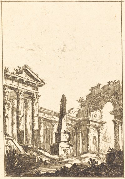 Capriccio with Ruins and an Obelisk by attributed to Jérôme Charles Bellicard