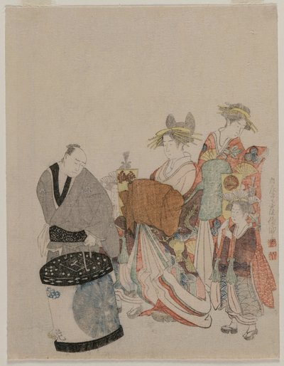 Courtesan on the Town with Attendants at Night by attributed to Kubo Shunman