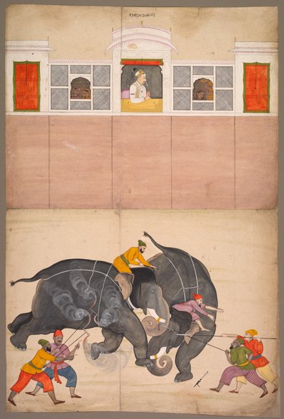Two Elephants Fighting in a Courtyard Before Muhammad Shah by attributed to Nainsukh
