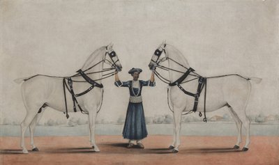 A Syce Groom Holding Two Carriage Horses by attributed to Shaikh Muhammad Amir of