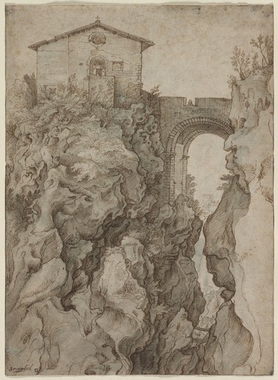 Ponte San Rocco at Tivoli by attributed to Willem van Niewlandt