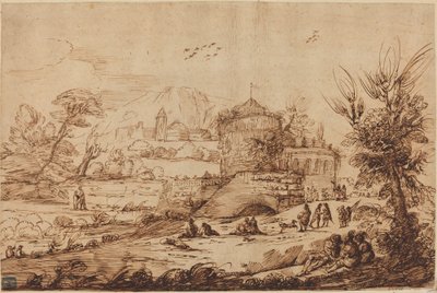 Landscape with Fortress and River by called Guercino after Giovanni Francesco Barbieri