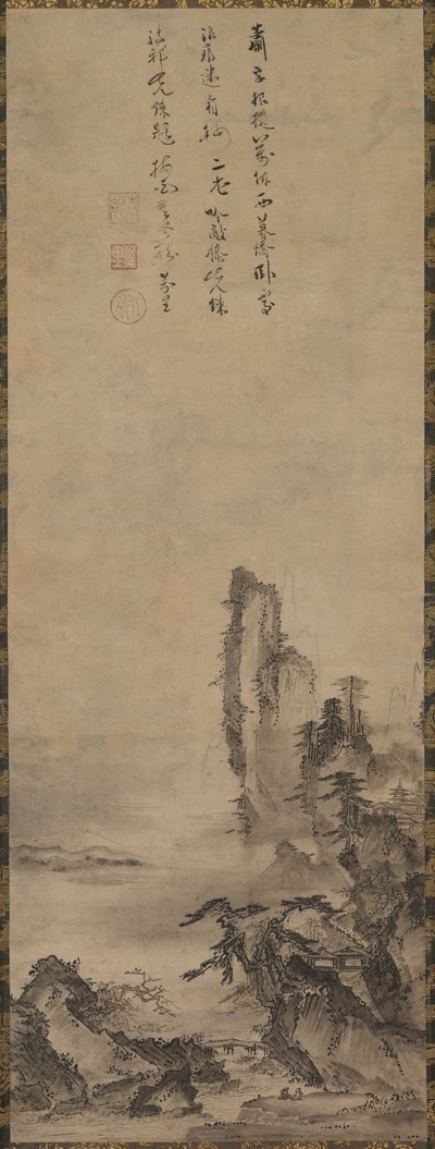Lonely Temple and Towering Cliff by circle of Kenkō Shōkei