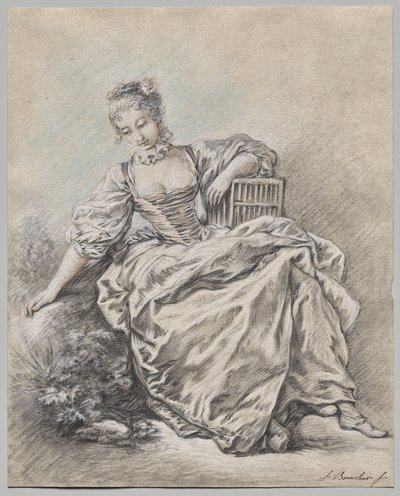 Seated Woman Holding a Bird Cage by copy after François Boucher