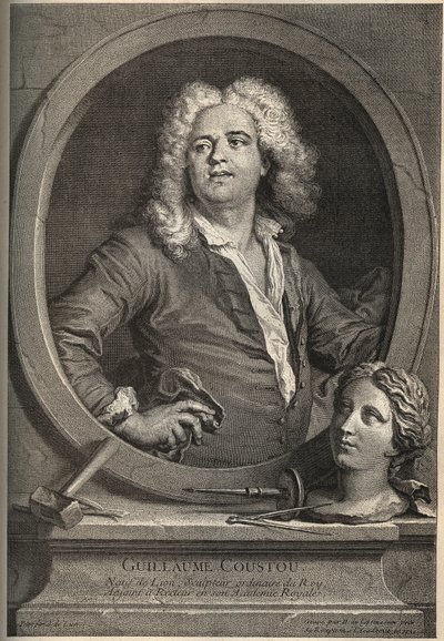 Portrait of Guillaume Coustou, French sculptor - engraving by Larmessin after J. de Lien by de Larmessin