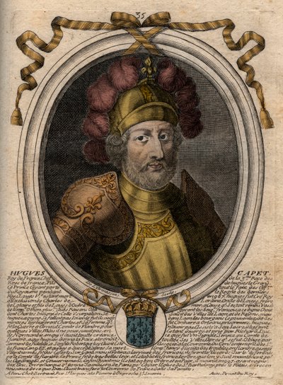 Portrait of Hugues I Capet (ca. 941 - 996), Duke of France then King of France. Engraving from 