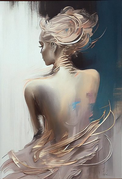 A clothed woman sitting viewed from behind, silhouette painting by F. Abderrahim