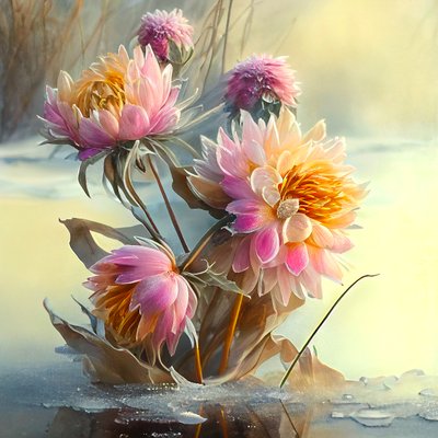 Abstract Pink and Yellow Dahlias Bent by Icy Wind by F. Abderrahim