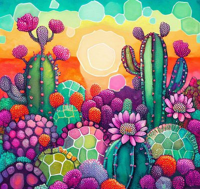Desert Bloom: Sunset on Cactus Plateaus by F. Abderrahim