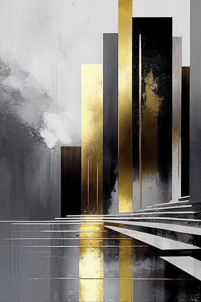 Minimal abstract painting with gray & gold palette by F. Abderrahim