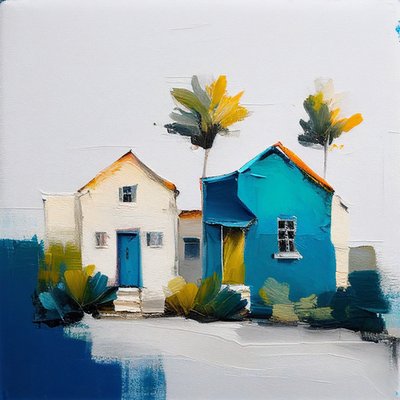 Minimalist Abstract Oil Painting of Colorful Cottages by F. Abderrahim