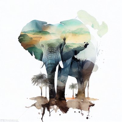 Watercolor Elephant and African Savanna by F. Abderrahim