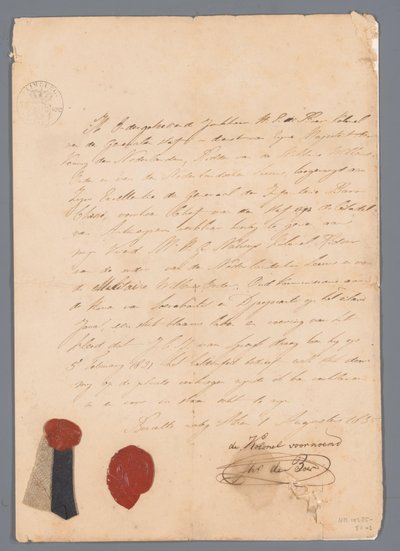 Piece of cloth from the uniform coat of J.C.J. van Speyk with attached provenance certificates by jonkheer H. E. de Boer