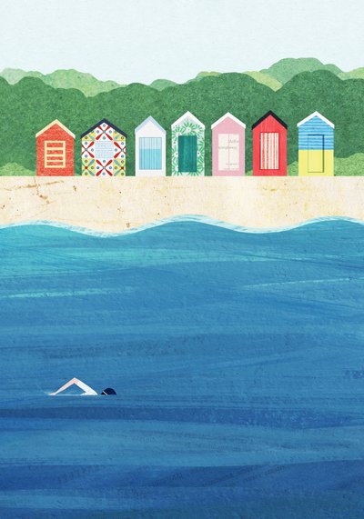 Colorful Beach Huts Ocean Swim by longwayhome
