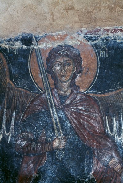 Angel holding sword, fresco in Byzantine church of St George, Komitades, Crete, Greece by Theodore Charles Ange Coquelin