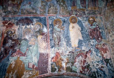 Christ and saints, fresco in Byzantine church of Sotiras Christos, Vlithias, Crete, Greece by Theodore Charles Ange Coquelin