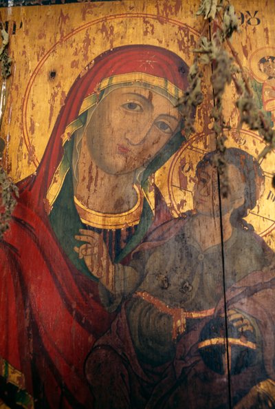 Madonna with child, painted on wood in Agios Antonios church, Kavousi, Crete, Greece by Theodore Charles Ange Coquelin