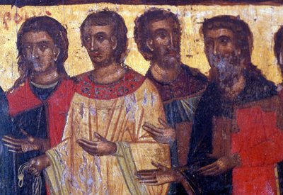 Male figures, wooden panel in Byzantine church of Palea Roumata, Crete, Greece by Theodore Charles Ange Coquelin