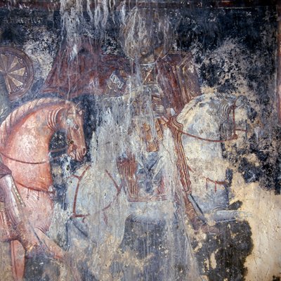 Saint on horseback, fresco in church in Palaia Roumata, Crete, Greece by Theodore Charles Ange Coquelin