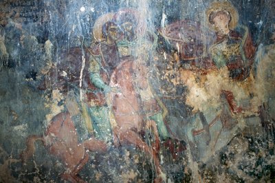 Saints on horseback, fresco in Byzantine church of Agios Athanasios, Kefali, Crete, Greece by Theodore Charles Ange Coquelin