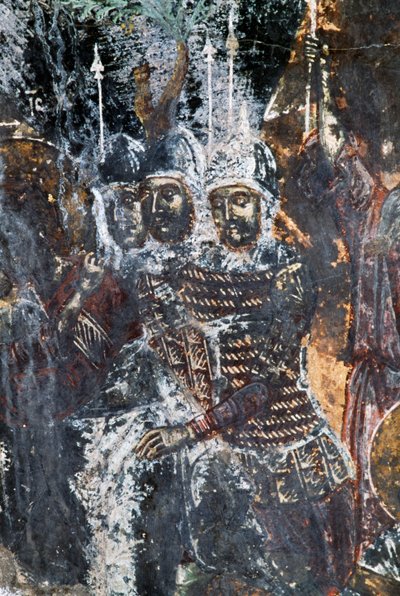 Soldier, damaged fresco on ceiling of church of Agios Vasileios, Vavouledo, Crete, Greece by Theodore Charles Ange Coquelin