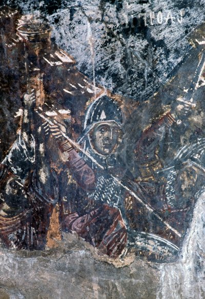 Soldier, damaged fresco on ceiling of church of Agios Vasileios, Vavouledo, Crete, Greece by Theodore Charles Ange Coquelin