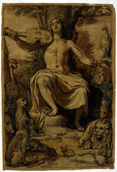 Orpheus enchanting animals with the music of a violin by or Zuccaro Federico Zuccari