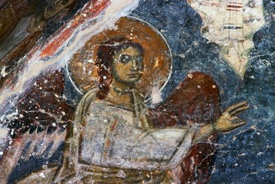 Angel, fresco in the Byzantine church of Agios Georgios Sfakiotis, Diavaide, Crete, Greece by Unbekannt Unbekannt