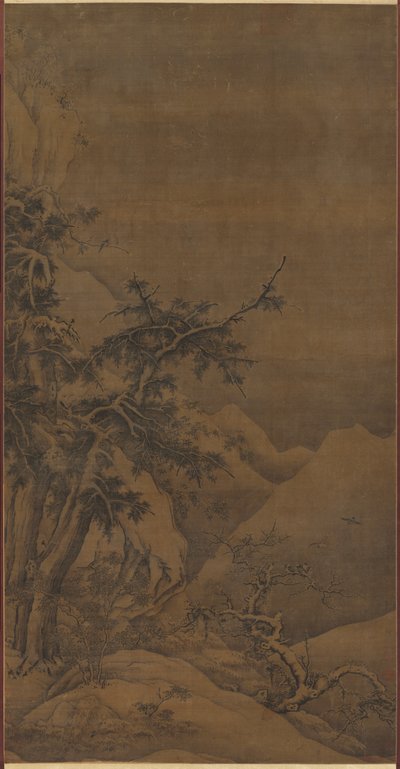 Birds in a Grove in a Mountainous Winter Landscape by possibly by Gao Tao
