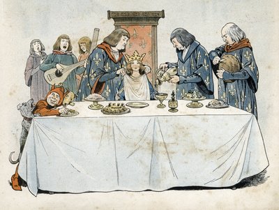 A Little Girl Wearing a Crown Sitting on a Throne at a Banquet Table by pseudonym for Onfray de Breville Jacques Job