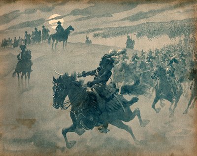 Allegory of Joachim Murat passing with his cavalry before Napoleon I Bonaparte. Engraving by Jacques Marie Gaston Onfray de Breville by pseudonym for Onfray de Breville Jacques Job