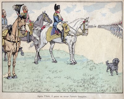 After Tilsit - Napoleon reviewing the French Army after signing the Treaties of Tilsit, 7 July 1807 - lithograph by Job (Jacques Onfroy de Breville) from Le Grand Napoleon des Petites Enfants 1893 by pseudonym for Onfray de Breville Jacques Job