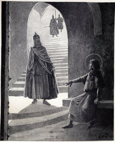 Be a Christian, I will make you knight: the words of Louis IX said Saint Louis to a buckwheat chief who entered the prison to make himself a knight. Illustration of Job (Jacques Marie Gaston Onfray de Breville) by pseudonym for Onfray de Breville Jacques Job