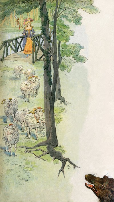 Shepherdess keeping her sheep in the countryside, under the threatening gaze of a wolf - Illustration by Job for the book 
