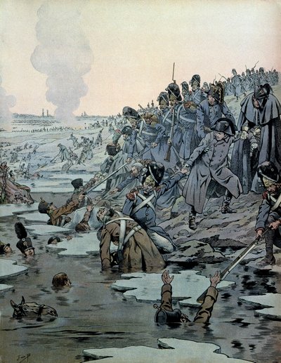 Campaign of Austria (1805): After the Battle of Austerlitz, Napoleon I Bonaparte and his soldiers saved the Russians from the icy lakes on December 2 by pseudonym for Onfray de Breville Jacques Job