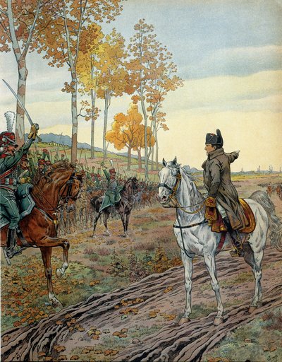 Emperor Napoleon I Bonaparte harangued the second regiment of horseback hunters in 1806 during the campaign of Prussia before the Battle of Jena on 14 October 1806. In 