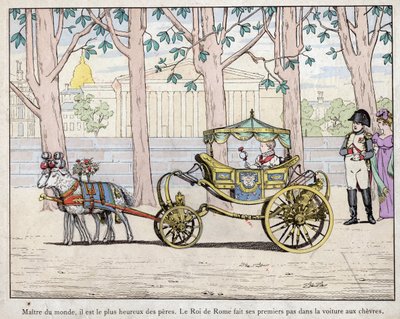 Emperor Napoleon I Bonaparte (1769-1821) with his son Prince Napoleon Francois Charles Joseph Bonaparte, who became the king of Rome Napoleon II also later called the Aiglon - Napoleon watching the King of Italy (Napoleon II) taking his first steps in a ca by pseudonym for Onfray de Breville Jacques Job